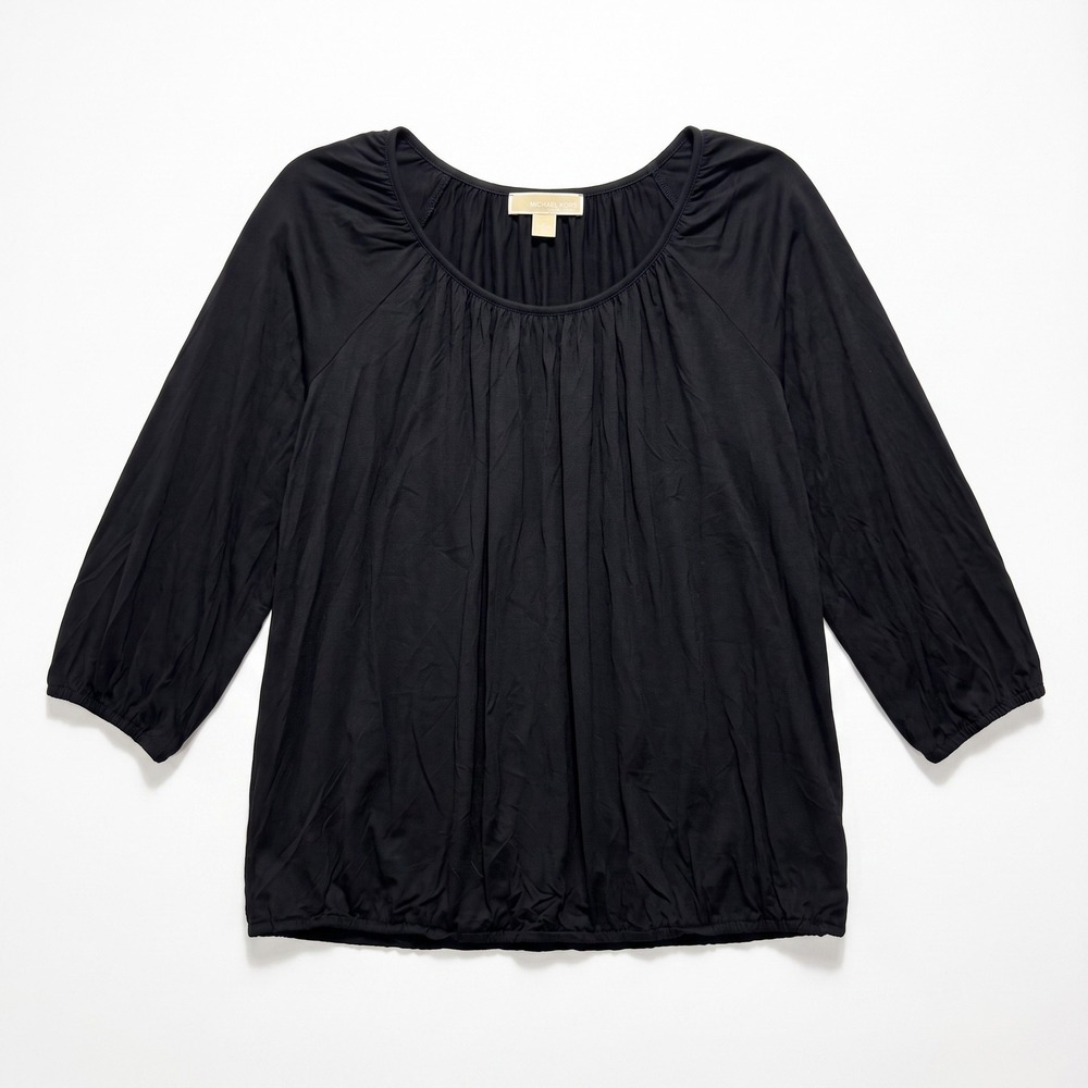Michael Kors L Black Womens Peasant Blouse Top Boho Casual Cozy 3/4 Sleeve